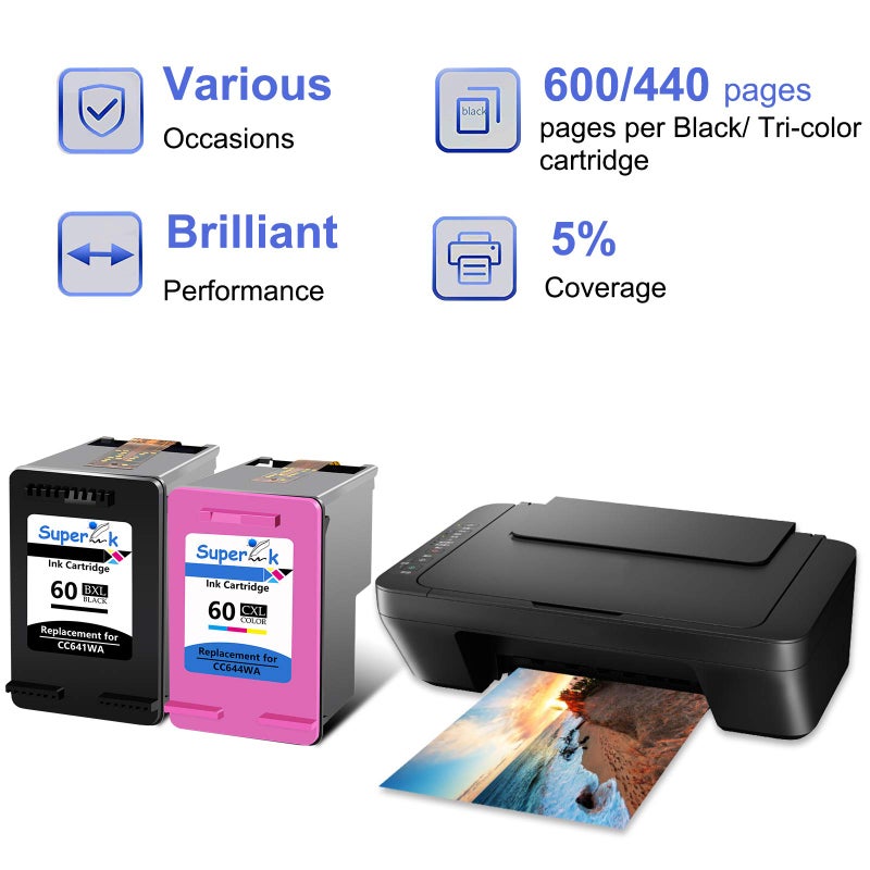 SuperInk Remanufactured Ink Cartridge Replacement for HP 60 60XL CC641WA CC644WA Compatible for Deskjet D1660 D1663 PhotoSmart C4600 C4610 Envy 100 110 All-in-One Printer (1 Black,1 Tri-Color) - Image 3